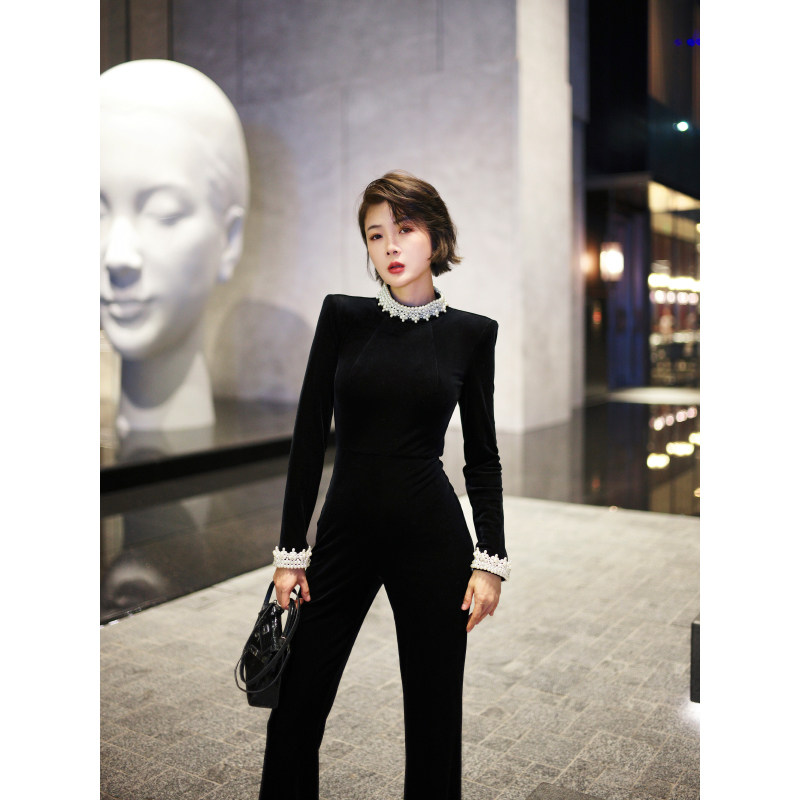 XULU原创新款进口黑色丝绒重工珍珠编条修身高腰气质半高领连体裤,淘宝优惠券,粉丝福利购,淘宝优惠卷