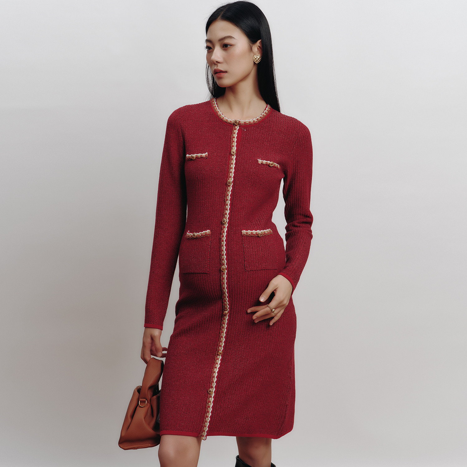 SELLYNEAR孕妇连衣裙时尚法式高级感穿搭正红色千金风小香针织裙,淘宝优惠券,粉丝福利购,淘宝优惠卷