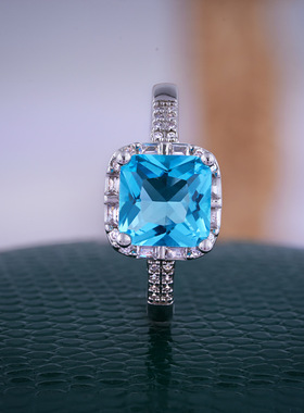 欧美长方形海宝蓝戒指女时尚简约