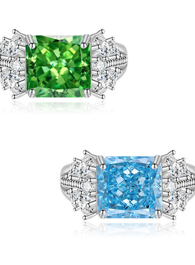 海蓝冰花切高碳钻戒指女正方满钻