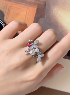 镶复古蝴蝶结质锆石珍珠仙戒指女