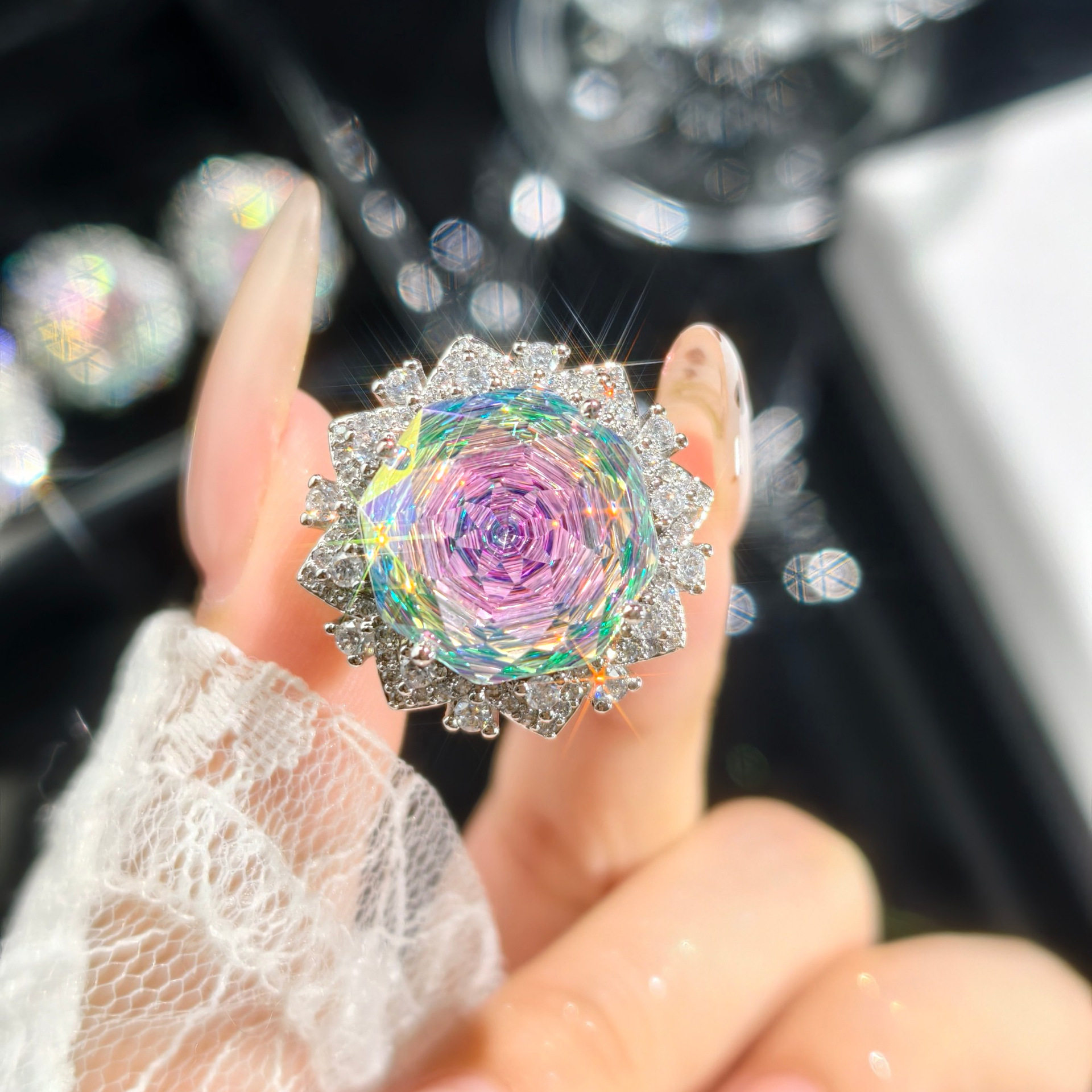 Rose cut brilliant three-dimensional flower zircon necklace earrings