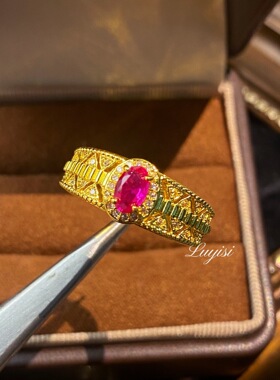 新款中古镂空时尚开口红刚玉戒指