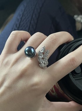 大溪地气质黑珍珠羽毛戒指开口in