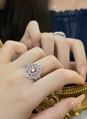 新品仿真红宝石花形开口戒指女