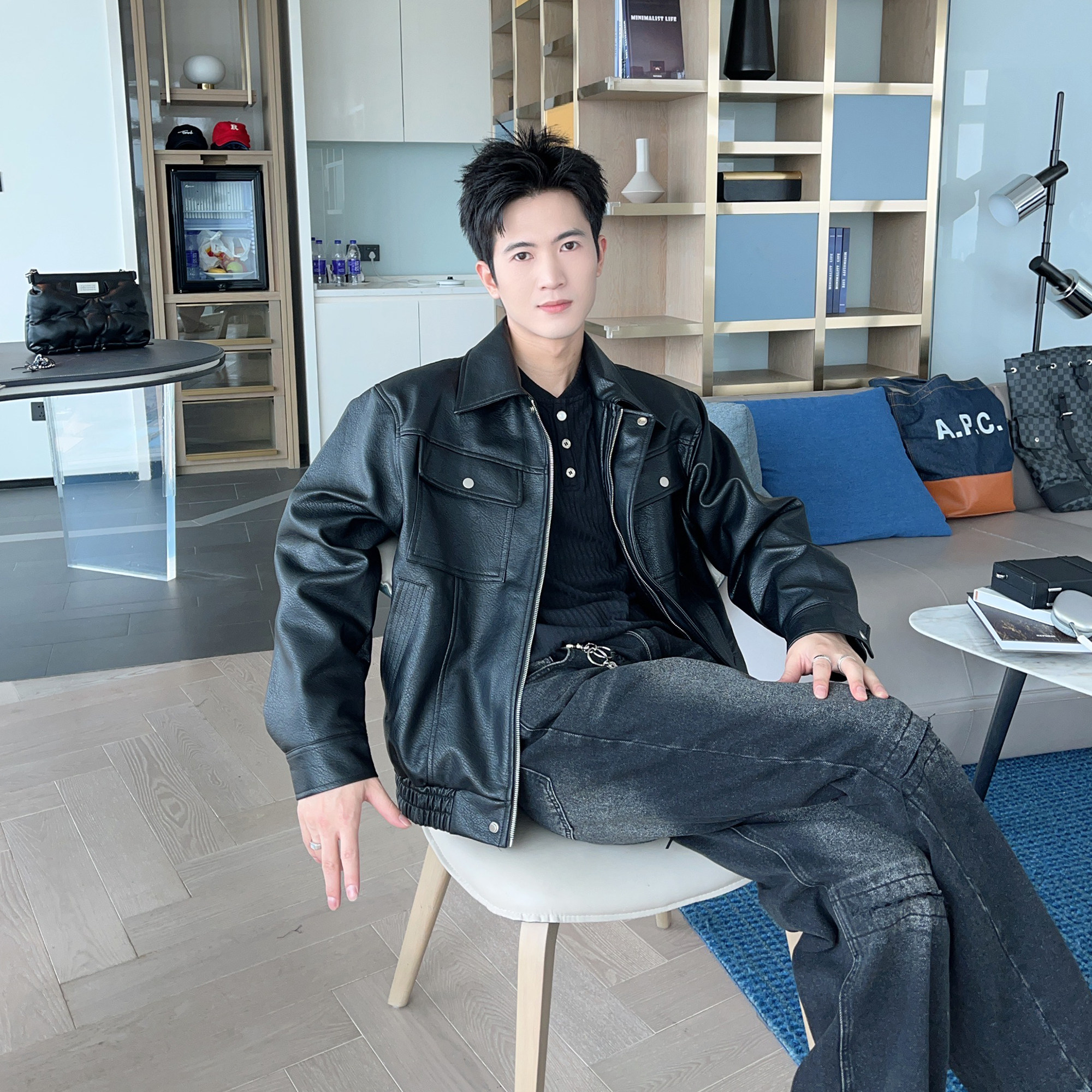 秋季阿美咔叽痞帅皮衣外套男款高级感老钱飞行员垫肩机车PU皮夹克,淘宝优惠券,粉丝福利购,淘宝优惠卷