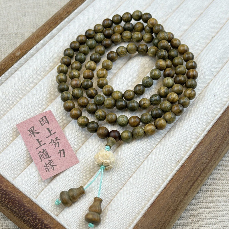 阿根廷绿檀佛珠手串108颗多圈顺纹绿檀木黄杨木莲花情侣念珠项链 - 图0