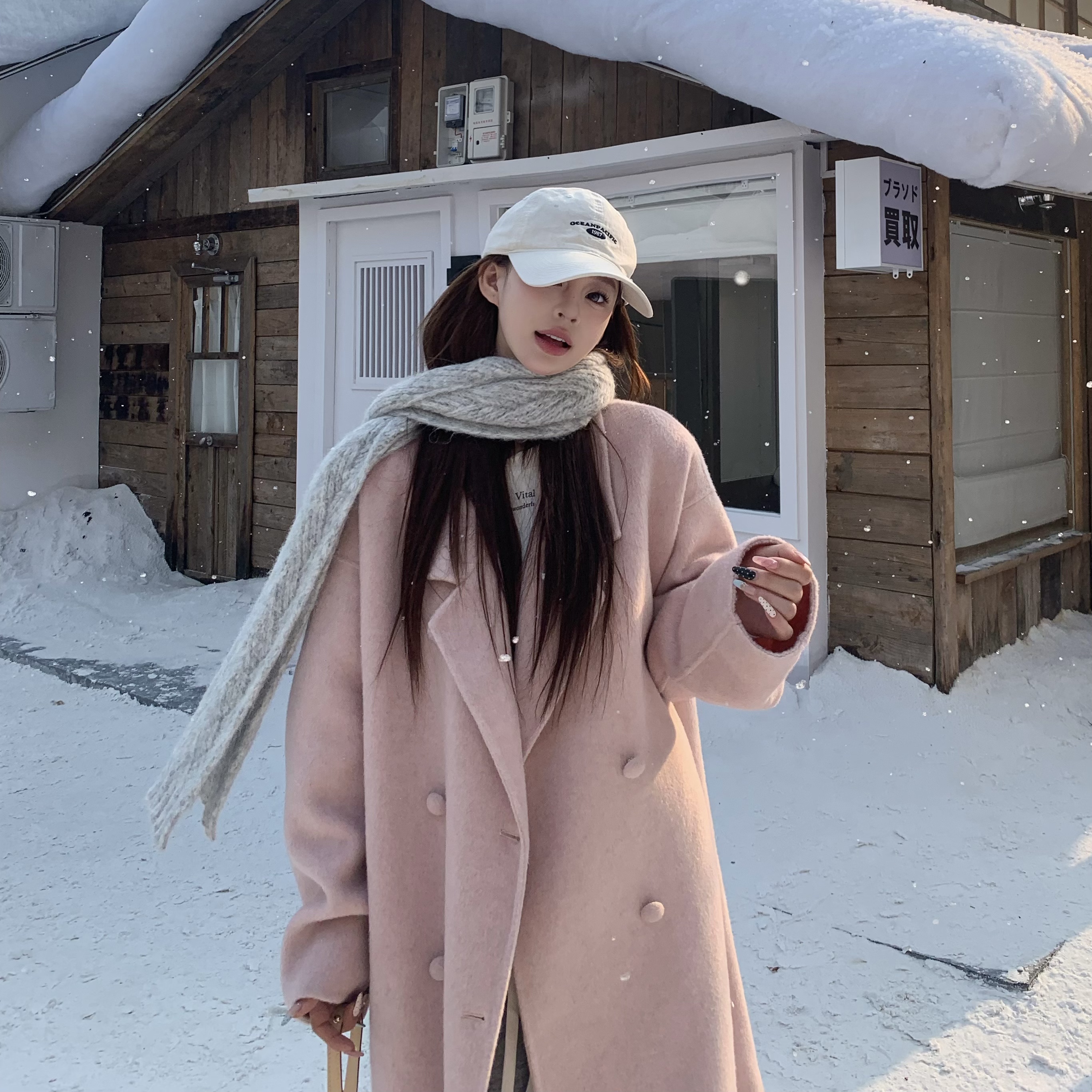 3MER哦哦三妹温柔风粉色羊毛双面呢大衣女秋冬季韩系气质毛呢外套 - 图2