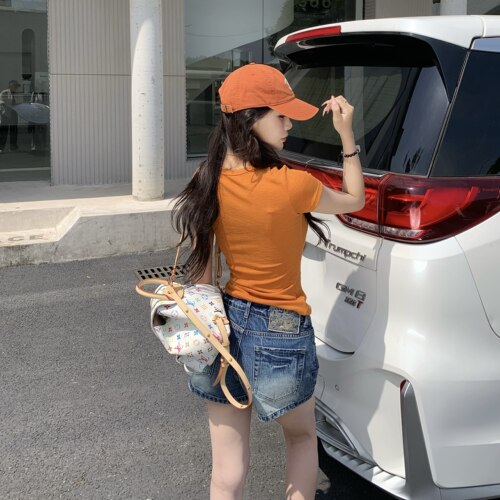 3MER哦哦三妹 辣妹百搭刺绣标牛仔短裤女夏季显瘦水洗复古A字热裤 - 图1
