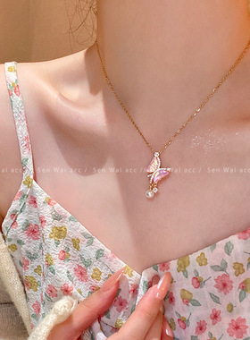 韩版新款金色渐变蝴蝶结吊坠项链女精致轻奢气质网红锁骨链配饰品