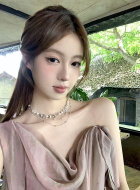 鸢尾梦蝶蝴蝶珍珠项链女款轻奢小众choker锁骨颈链配饰