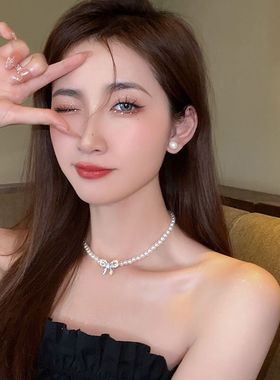 珍珠闪钻蝴蝶结项链女2022年春季新款风小众高级感锁骨链仙气公主