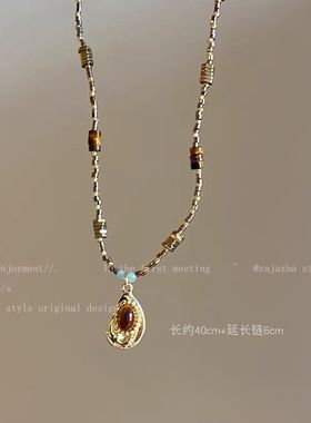 编织虎眼石项链女美拉德复古风颈链气质配饰2024新款高级锁骨链女