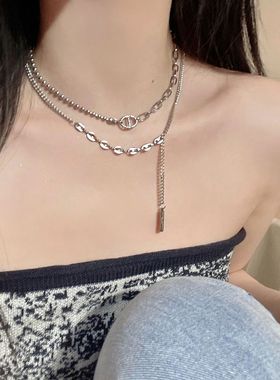 双层叠戴流苏项链女夏轻奢高级设计感小众ins嘻哈气质锁骨毛衣链