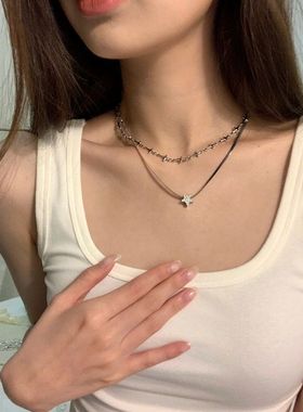 叠戴双层星星十字架钛钢项链女个性百搭小众设计感ins潮锁骨链女