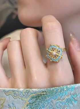 古法复古宋韵四合如意戒指珐琅烧蓝珍珠精致食指戒开口仿黄金指环