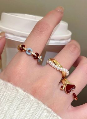 酒红色爱心珍珠戒指女轻奢ins小众设计高级感气质叠戴食指戒指环