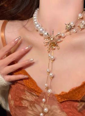 哥特女王~绝杀复古夸张辣妹珍珠流苏拼接项链长款礼服拍照配饰新