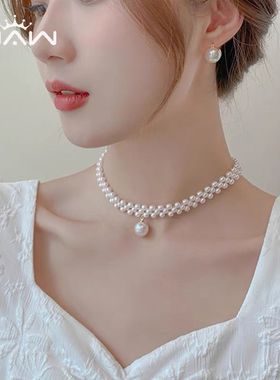 仿珍珠编织颈链项链气质高级新款赫本时尚项圈设计锁骨发完