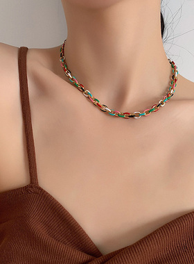 欧美ins风钛钢珐琅滴油彩色高级感项链小众冷淡风嘻哈锁骨链颈链
