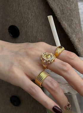 虎眼石油画美人蕾丝戒指女轻奢宫廷风复古气质百搭叠戴食指戒指环