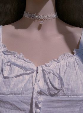 法国温柔甜色蕾丝珍珠choker锁骨颈链显白洋气百搭脖子项圈新