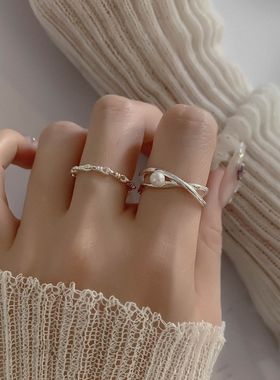 双层交叉珍珠戒指女ins小众设计不掉色个性时尚百搭开口戒可调节