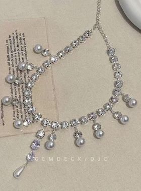 水滴超闪锆石珍珠2024流苏项链新款女轻奢爆款锁骨感颈链高级2024