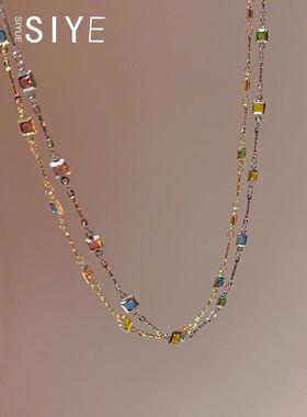 方形彩色细锁骨链夏天项链轻奢小众高级感颈链女款多巴胺彩色项链