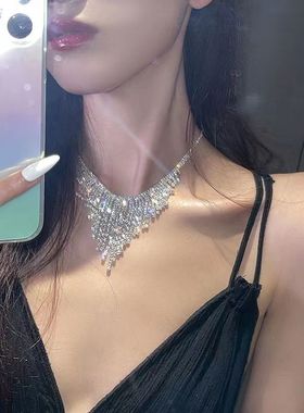 轻奢小众满钻流苏吊坠颈链潮网红性感短款项链女锁骨链choker项圈