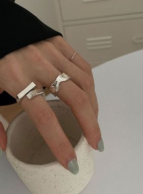 925纯银方块复古开口食指戒指女时尚个性小众设计冷淡风ins潮指环