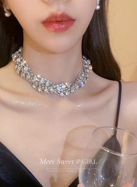 闪钻麻花颈链女高级感choker脖子饰品气质锁骨链轻奢小众项链配饰