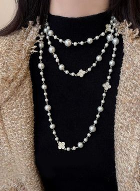 新中式多层叠戴珍珠项链女小众轻奢高级感长款毛衣链秋冬百搭配饰