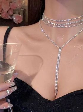 镶钻链条多层流苏项链欧美辣妹甜酷风锁骨链气质轻奢设计感项饰女
