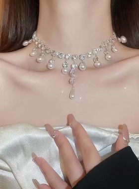 超闪水滴锆石珍珠流苏项链女轻奢高级感颈链2024年新款爆款锁骨链