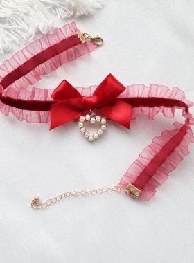 网红纯欲风可爱Lolita黑色酒红蝴蝶结爱心项圈项链choker锁骨链女