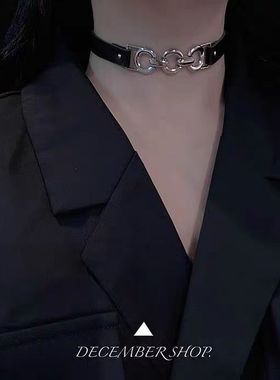 包邮黑色金属链条圆环颈带气质项圈锁骨链网红同款皮带短款小众