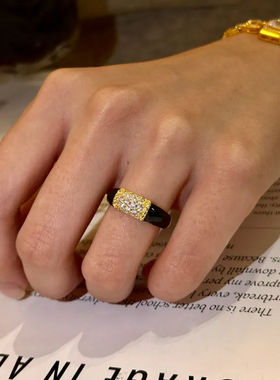 vintager中古宽面黑色椭圆闪钻戒指女轻奢小众高级精致食指戒指环