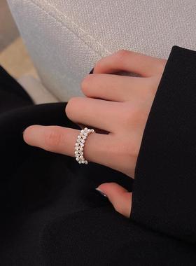 锆石珍珠双排戒指女开口可调节时尚个性气质食指戒2024年新款潮