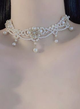 古堡公主-复古巴洛克宫廷风小珍珠镶钻流苏多层仙气锁骨链choker