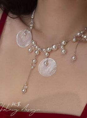 泡沫夏日强光施家圆片珍珠贝壳吊坠项链女款独特绝美流苏锁骨配饰