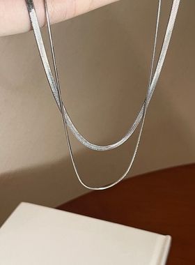银色双层蛇骨项链女叠戴锁骨链轻奢小众设计感简约百搭颈链配饰潮