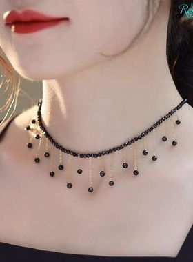 洋气黑色水晶流苏项链女高级设计感锁骨链新款气质项饰x15