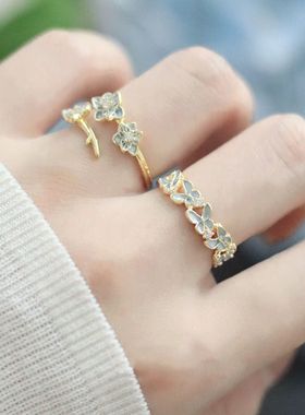 仲夏精灵|蓝色精致花朵蝴蝶锆石戒指女轻奢高级感贝壳食指戒指环