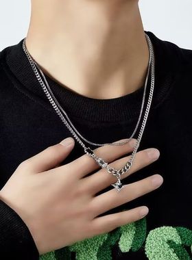 芒星双层项链男款潮毛衣链轻奢小众设计感嘻哈风情侣男生女锁骨链