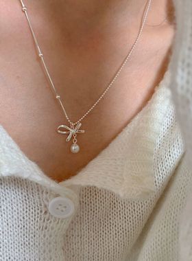 法式珍珠不对称蝴蝶结项链拼接锁骨链高级感优雅气质甜美百搭简约