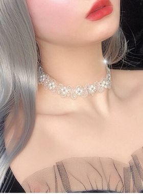 网红复古法式超仙女珍珠花朵choker颈带优雅锁骨颈链水晶圈米X05