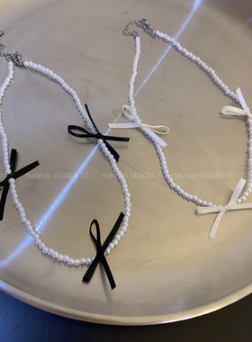 丝带蝴蝶结项链_芭蕾风珍珠锁骨链女新款少女心choker颈链配饰品
