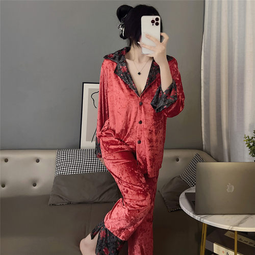 维多利亚金丝绒复古拼色印花睡衣女秋冬长袖长裤可外穿家居服套装 - 图3