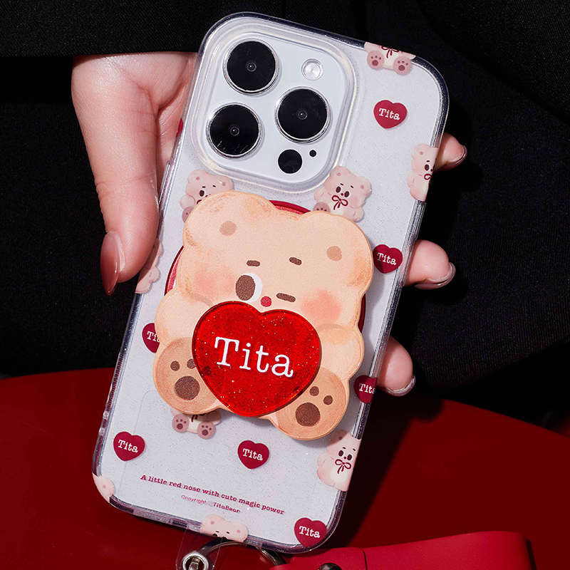 TitaBear【浪漫小熊】原创磁吸手机壳适用于iPhone15Promax新款14苹果保护套华为mate60全包亮面可爱细闪支架-图1